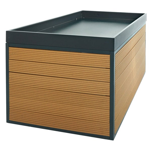 Hochbeet aus Holz-Kunststoff-Verbundwerkstoff in Holzoptik mit anthrazitfarbenem Metallrahmen und integrierter Pflanzwanne.