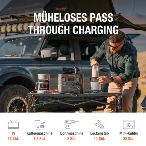 Tragbare Jackery Powerstation mit Pass-Through-Ladefunktion beim Camping mit Kaffeemaschine und Mixer vor einem Geländewagen.