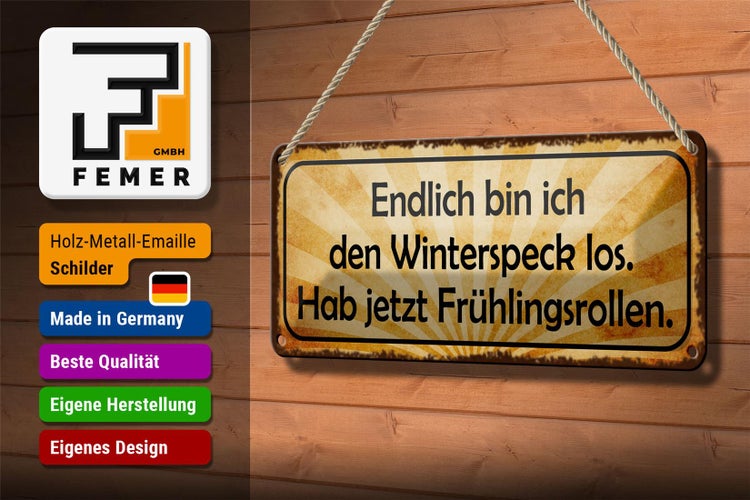 Blechschild Spruch 27x10cm bin den Winterspeck los hab jetzt Frühlingsrollen