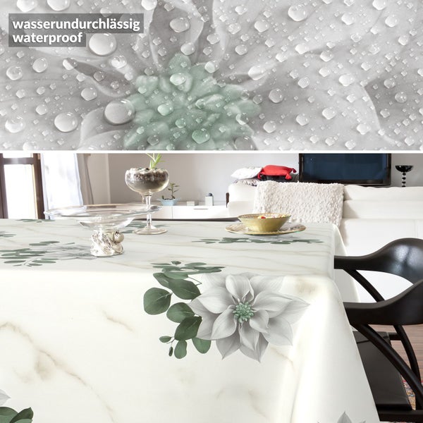 Tischdekoration mit wasserundurchlässiger Tischdecke mit Blumenmuster
