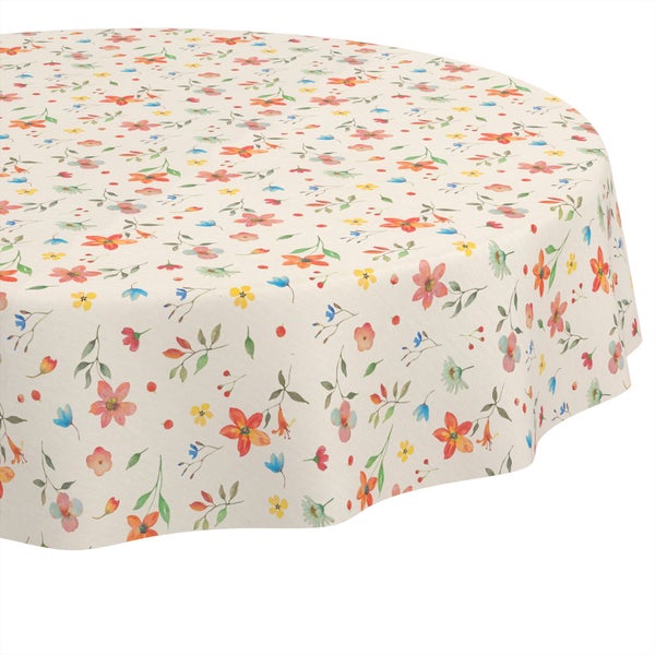 Runde Tischdecke mit buntem floralem Muster aus verschiedenen Blumen und Blättern im Aquarellstil.