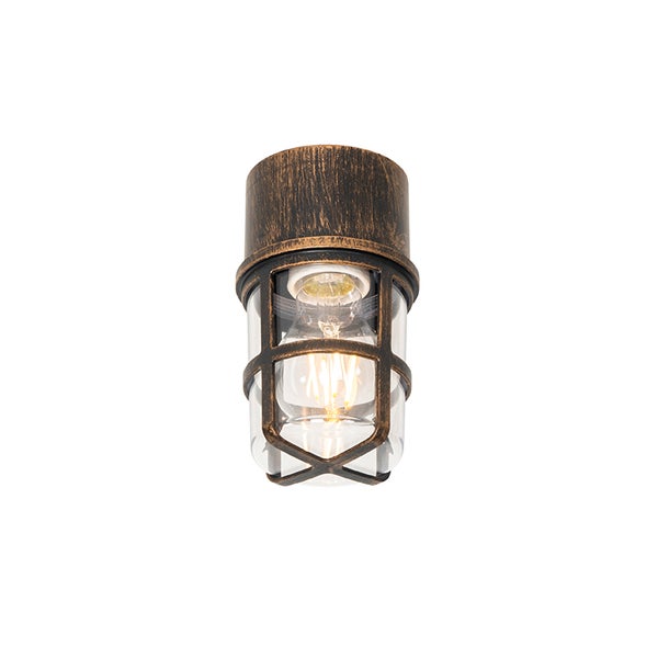 Wandleuchte oder Deckenleuchte im Industrial-Stil aus Metall in Bronze mit Schutzkorb und klarem Glas.