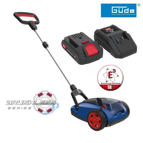 Güde Akku-Rasenmäher Set mit 18 Volt Akku und Ladegerät. Bürstenloser Motor, Easy-Energy-Exchange Akkusystem. Güde Logo.