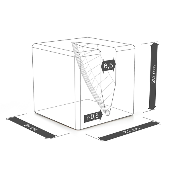 Maßzeichnung eines würfelförmigen Objekts mit konischem Innenteil, Länge 21 Zentimeter, Breite 21 Zentimeter und Höhe 20 Zentimeter.