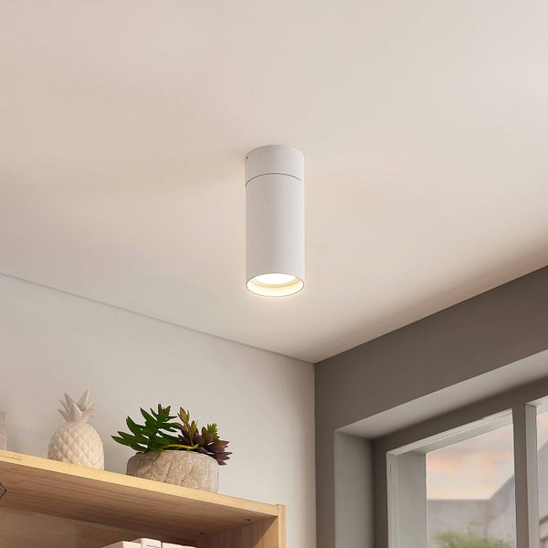 Weiße zylindrische Deckenleuchte an einer hellen Decke montiert, modernes Design, über einem Regal mit Pflanzen, helle und organisierte Atmosphäre.