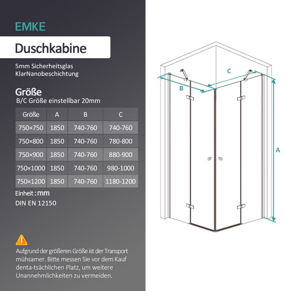 EMKE Duschkabine 75x75cm, Eckeinstieg Dusche Duschabtrennung mit 5 mm NANO-Glas, Höhe: 185cm