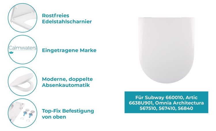 Calmwaters WC-Sitz mit Absenkautomatik, Edelstahlscharnier und Top-Fix Befestigung, passend für Subway und Omnia Architectura Modelle.