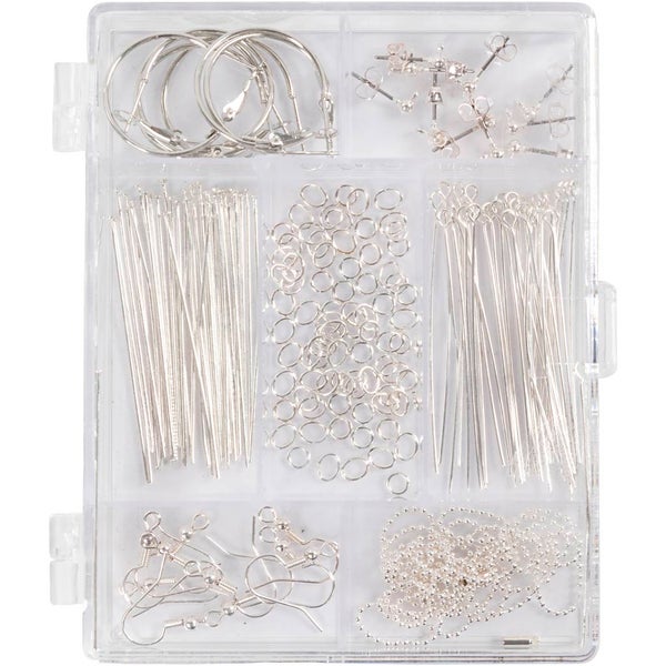 Schmuckzubehör-Set in einer transparenten Kunststoffbox mit Ohrringen, Stiften, Ösen und Ketten