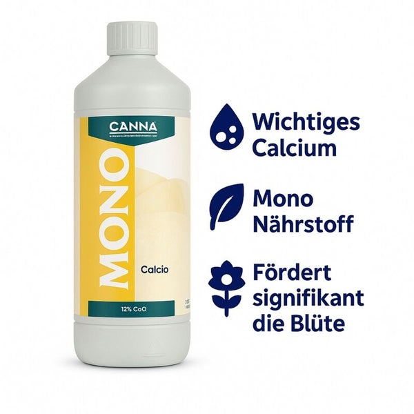 CANNA Mono Calcio Pflanzendünger in der Flasche mit Informationen zu Calciumgehalt und Blütenförderung.