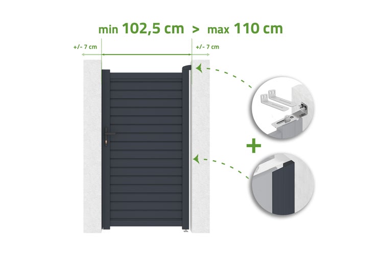Gartentor mit verstellbarer Breite von mindestens 102,5 bis maximal 110 Zentimeter sowie Details zum Montagematerial.