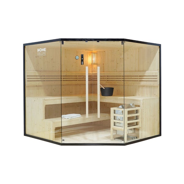 Ecksauna aus Holz mit Glaselementen, Home Deluxe Logo, inklusive Saunaofen, Saunabänken und Zubehör.
