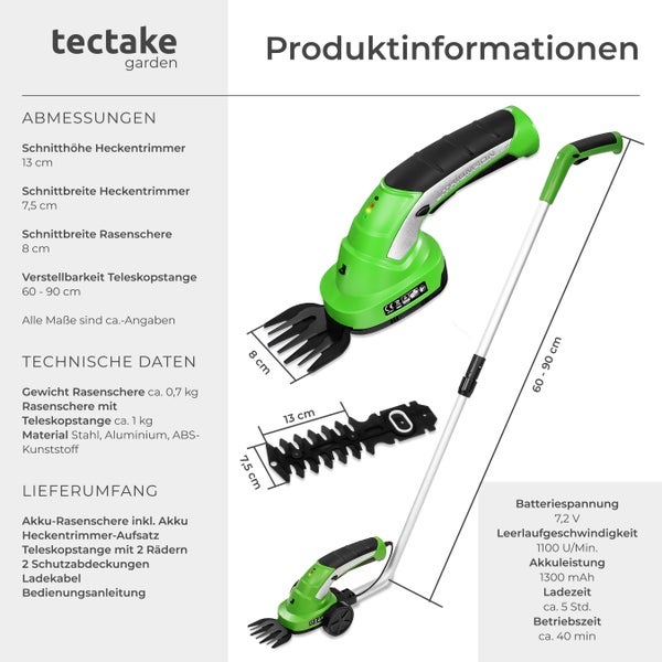 Akku Rasenschere mit Heckentrimmer Aufsatz und Teleskopstange von tectake garden