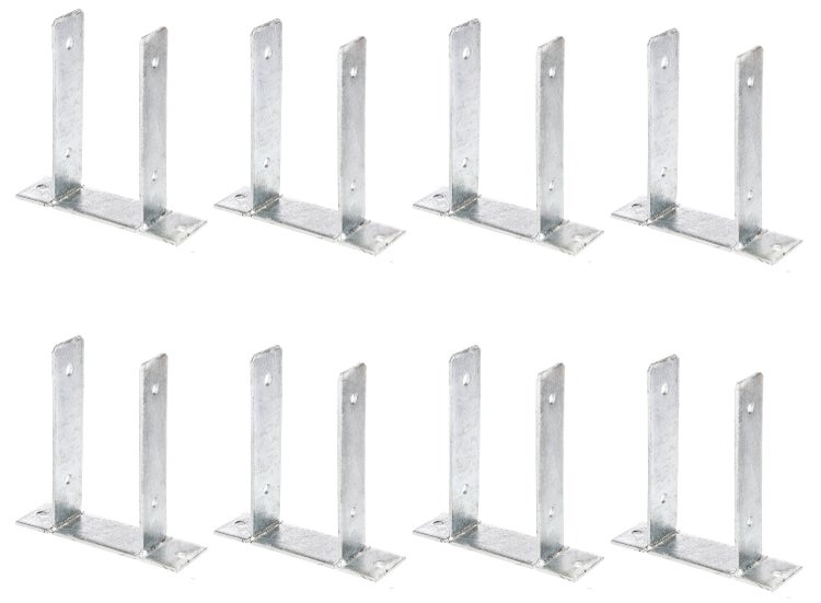 Set aus acht verzinkten U-Pfostenträgern zum Aufschrauben für stabile Holzpfostenbefestigungen.