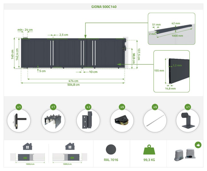 Schiebetor 5 m GIONA H.140 cm aus grauem Aluminium + Tor 1 M CIMONE H.140 cm aus