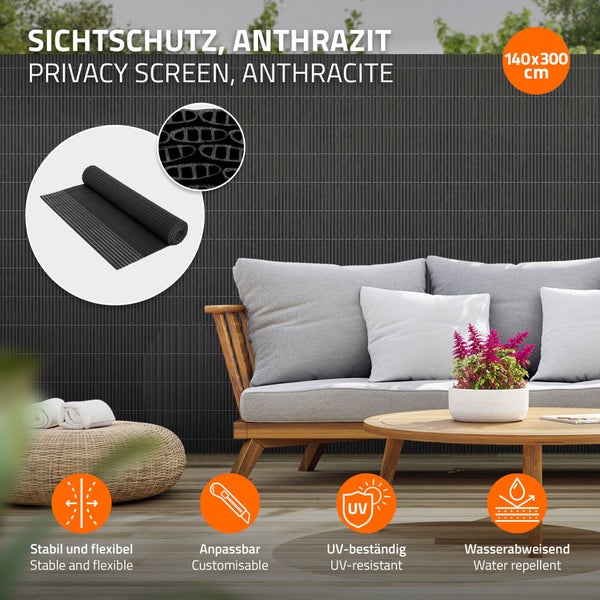 ECD Germany PVC Sichtschutzmatte 140x300 cm, Anthrazit, Sichtschutzzaun 3-Gewicht-Verstärkung, UV-beständig, Wasserdicht, Windschutz Balkonverkleidung Zaunblende Sichtschutz für Garten Balkon Terrasse