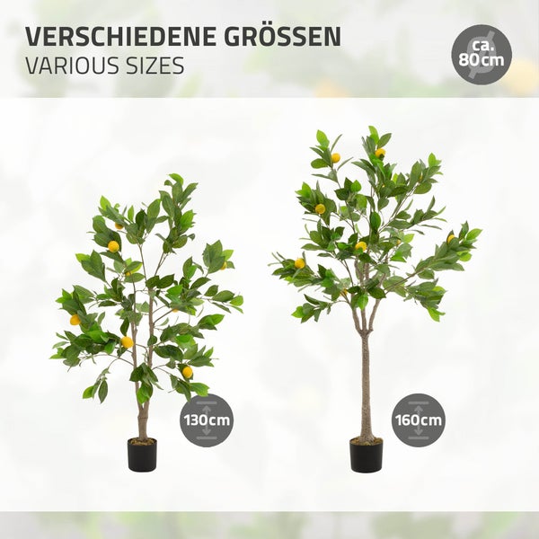 Zwei künstliche Zitronenbäume in verschiedenen Größen mit grünen Blättern und gelben Früchten in schwarzen Töpfen