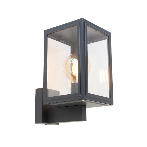 Moderne rechteckige Außenwandleuchte aus schwarzem Metall mit Glaseinsätzen und sichtbarem Leuchtmittel.
