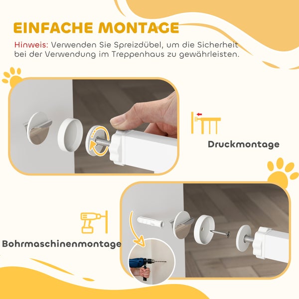 Montageanleitung für ein Schutzgitter mit zwei Optionen: einfache Druckmontage durch Klemmen oder Bohrmaschinenmontage mit Dübeln für mehr Stabilität.
