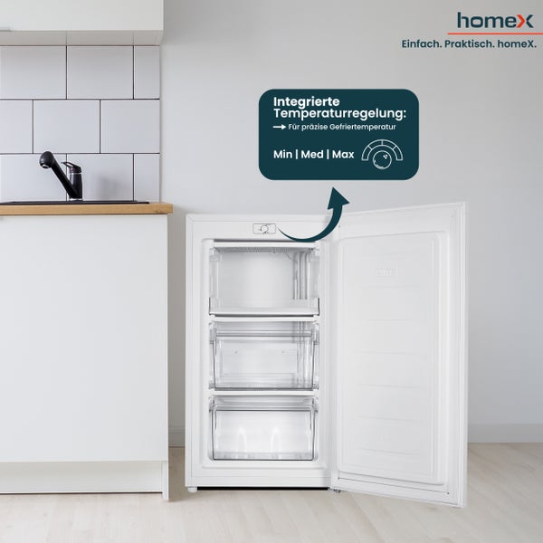 Gefrierschrank mit offener Tür und integrierter Temperaturregelung