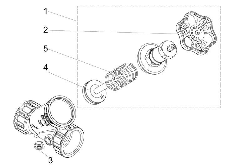 Explosionszeichnung eines Ventils mit Handrad, Feder, Dichtung und Ventilgehäuse mit den Nummern eins bis fünf.
