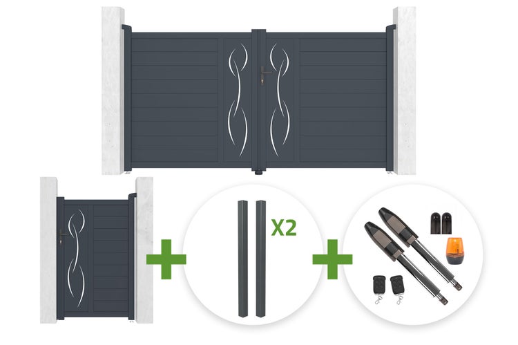 Anthrazitfarbenes Aluminium-Torset mit zweiflügeligem Einfahrtstor, Pforte, zwei Pfosten und elektrischem Antrieb.