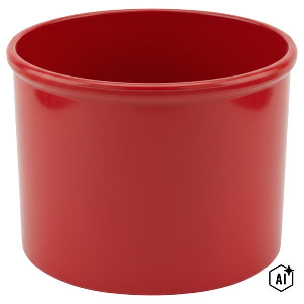 Roter, zylindrischer Blumentopf aus glattem Material.