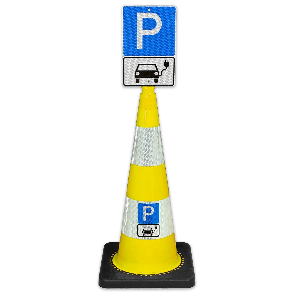 Leitkegel FLEX 75cm hoch mit Schild 30 x 20cm Parkplatz nur für Elektroautos / mit reflektierender Folie und Hinweisschild / Leitkegel gelb