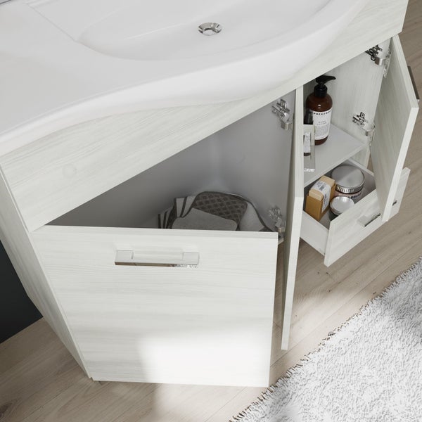106 cm Unterschrank, Waschtisch, Spiegel mit Hängeschrank und Beleuchtung | Rimini