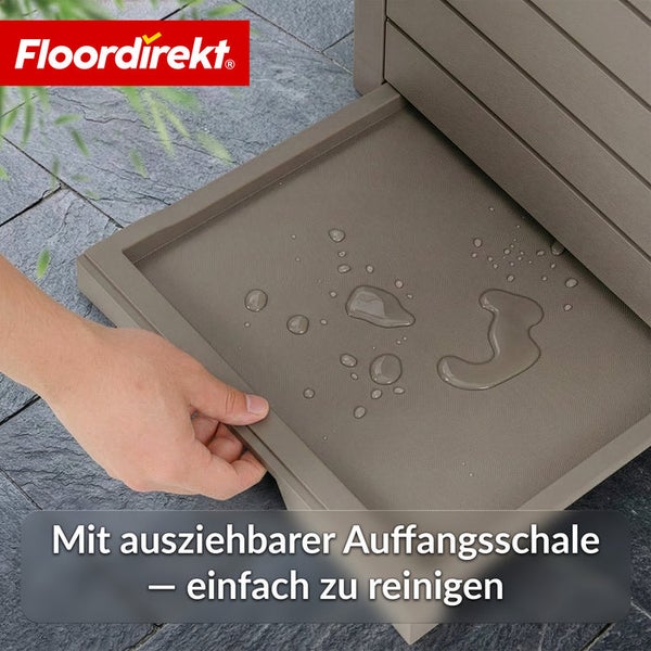 Auffangschale einer Pflanzbox mit Wasser und Hand, Marke Floordirekt Logo