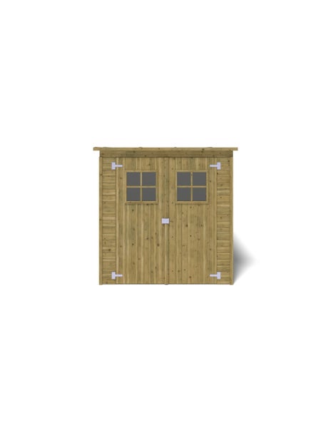 Holz-Gerätehaus mit Pultdach, Doppeltür inklusive Fenstern und Metallbeschlägen.