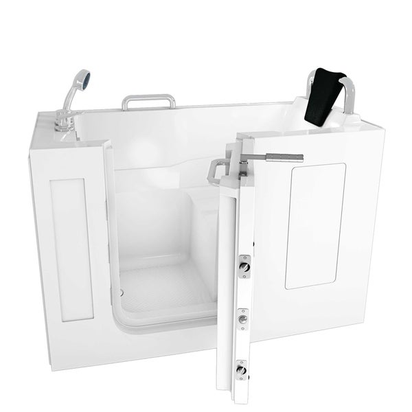 Begehbare Badewanne mit offener Tür, Duschkopf und Nackenstütze