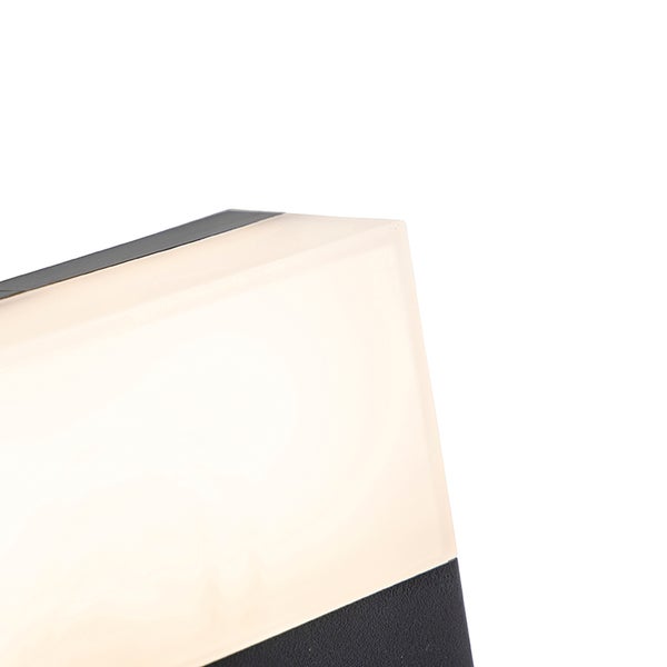 Detailansicht einer Außenwandleuchte mit mattiertem Kunststoffschirm und anthrazitfarbenem Metallgehäuse.