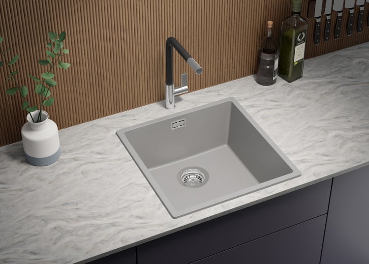 PRIMAGRAN Spülbecken Grau 46x47cm, Granitspüle 1 Becken + Ablauf-Set, Küchenspüle ab 50er Unterschrank - London Slim