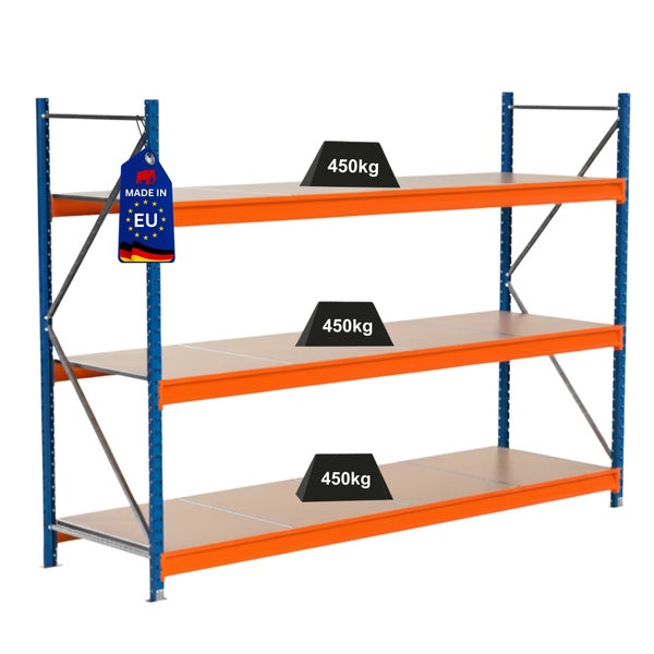 Lagerregal mit drei Ebenen und einer Traglast von 450 Kilogramm pro Ebene