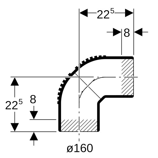 Technisches Maßblatt für einen 90 Grad Rohrbogen mit 160 Millimeter Durchmesser, 22,5 Millimeter Radius und 8 Millimeter Einstecktiefe.