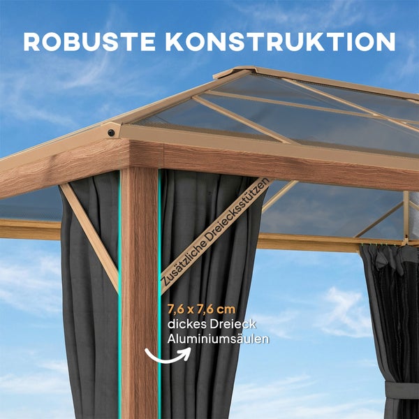 Gartenpavillon mit robusten 7,6 mal 7,6 Zentimeter dicken Aluminiumstützen in Holzoptik und zusätzlichen Dreiecksstützen.
