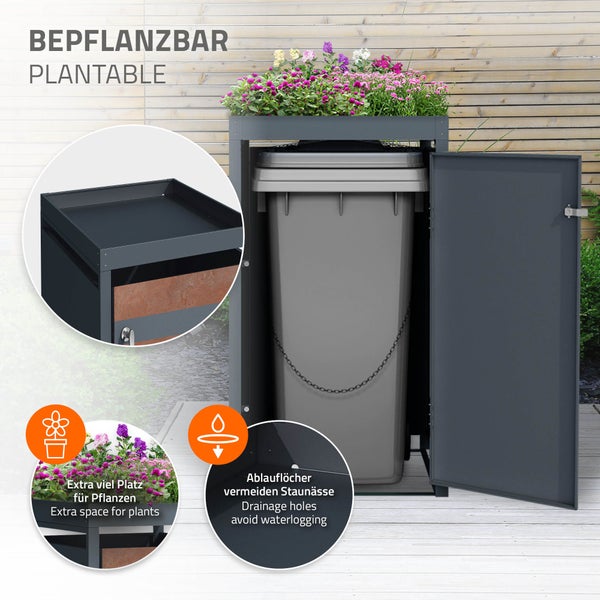 ML-Design Mülltonnenbox 1er mit Pflanzdach für 1 Mülltonne 240L 68x80x124 cm, Rost-Optik, Stahl, wetterfest, Abschließbare Mülltonnenverkleidung mit Tür, Müllbox Mülltonnecontainer Mülltonnenabdeckung