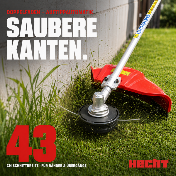 Hecht Rasentrimmer mit 43 Zentimeter Schnittbreite und Doppelfaden beim Schneiden von sauberen Kanten an einer Mauer. Hecht Logo.