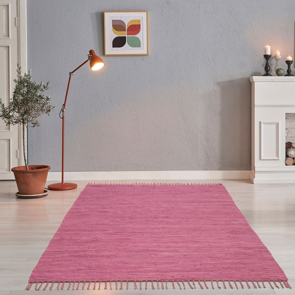 Handgewebter Fleckerlteppich aus Baumwolle Chindi Beere 60x120 cm
