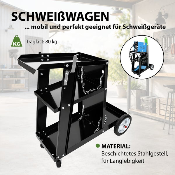 Schweißwagen aus beschichtetem Stahl mit drei Ablagen und Platz für eine Gasflasche, maximale Traglast 80 Kilogramm.