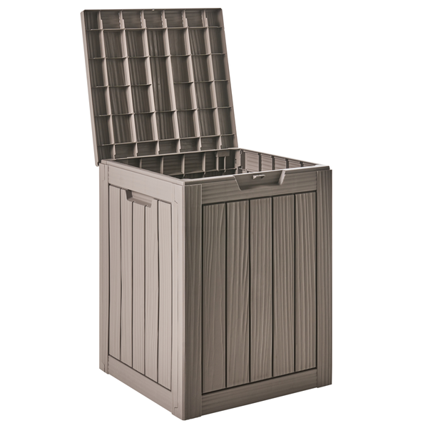 Geöffnete Gartenbox zur Aufbewahrung von Gartenutensilien