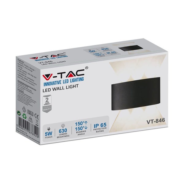 Verpackung einer V-TAC LED-Wandleuchte mit 5 Watt Leistung, 630 Lumen Helligkeit und IP65 Schutzart