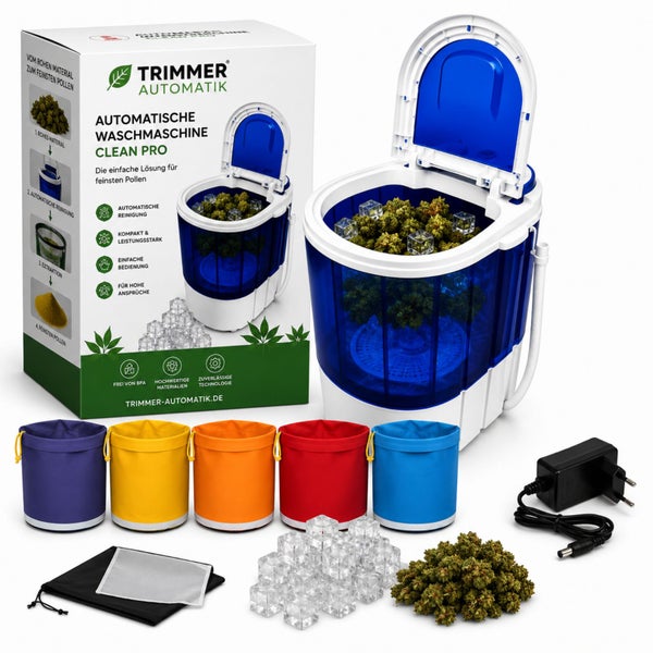 Trimmer Automatik Clean Pro automatische Waschmaschine Set zur Pollenextraktion mit Filterbeuteln, Netzsieb und Netzteil.