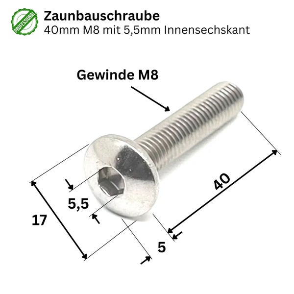 Zaunbauschraube 40 Millimeter M8 mit 5,5 Millimeter Innensechskant