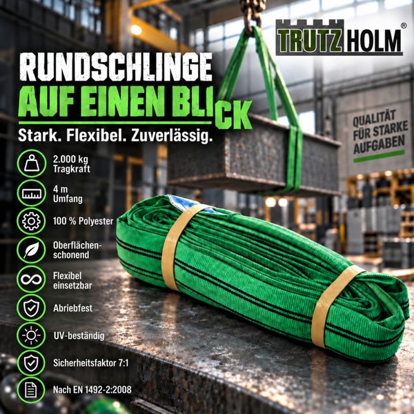 Trutz Holm Rundschlinge mit 2000 kg Tragkraft und 4 Meter Umfang aus Polyester für Hebearbeiten in Industrie und Handwerk.