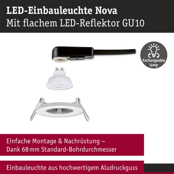 LED-Einbauleuchte Nova, Aludruckguss, GU10 LED-Reflektor. Fassung, Lampe und Rahmen für 68 Millimeter Bohrdurchmesser. Symbol für austauschbare Lampe.