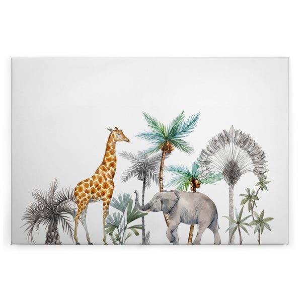 Wandbild mit Aquarellillustration von einer Giraffe und einem Elefanten zwischen Palmen und tropischen Pflanzen für das Kinderzimmer.