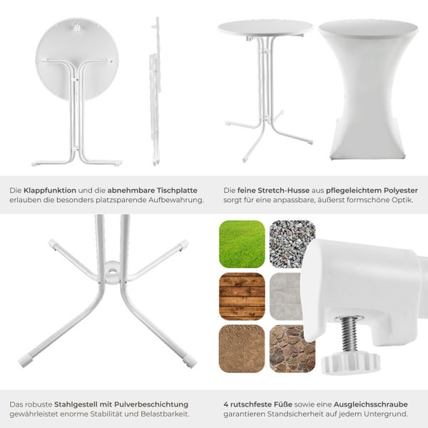 Klappbarer Bistrotisch mit abnehmbarer Tischplatte, Stretch-Husse aus Polyester, pulverbeschichtetes Stahlgestell und Ausgleichsschraube