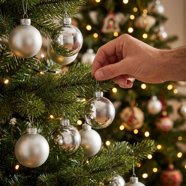 Hand hängt eine glänzende Weihnachtskugel in einen geschmückten Weihnachtsbaum mit Lichterkette.