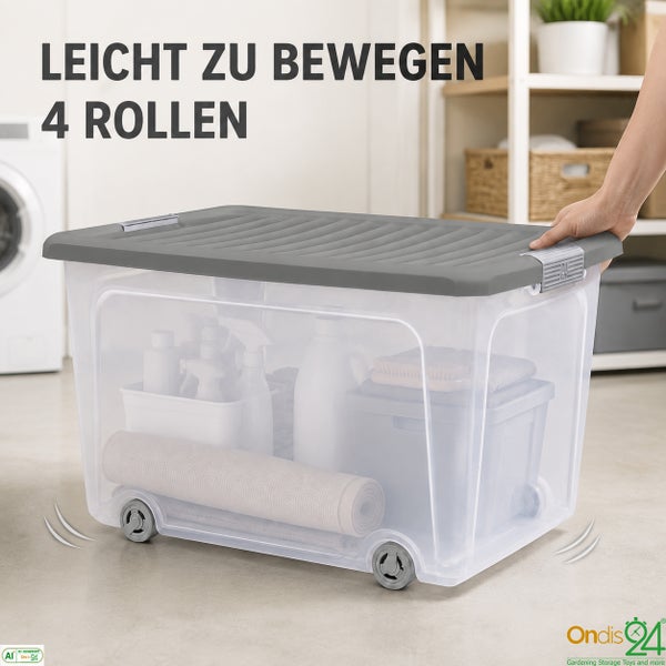 Transparente Aufbewahrungsbox aus Kunststoff mit Deckel und vier Rollen zum einfachen Bewegen im Haushalt